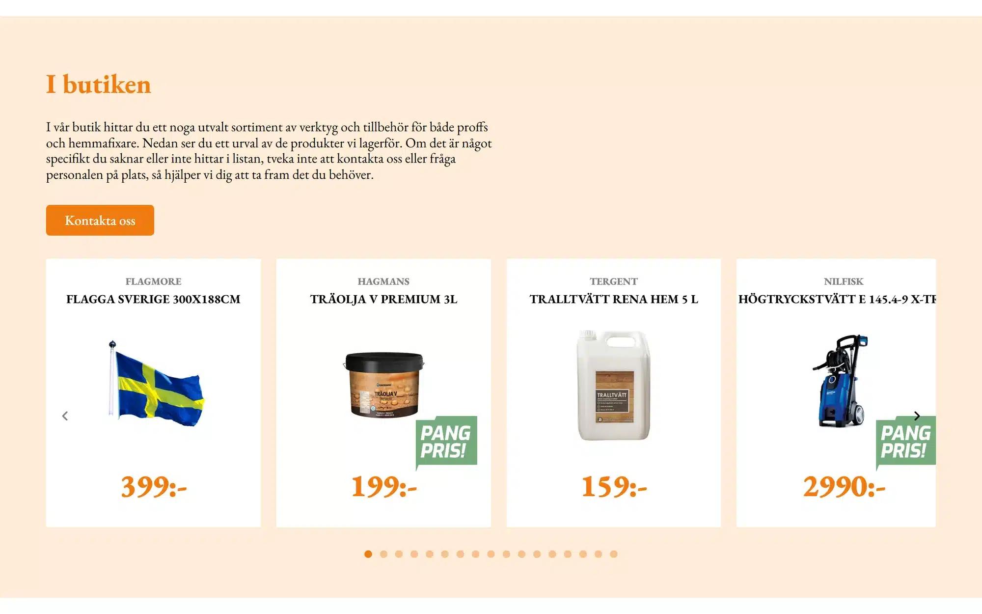 Avsnittet I butiken: en karusell med produkter där varje kort visar märke, produktnamn, en frilagd produktbild och pris.