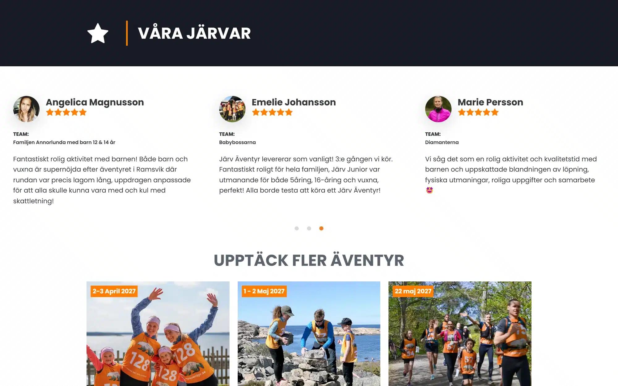 Blocket Våra Järvar med tre recensioner: varje kort har porträtt, namn, fem stjärnor, lagnamn och en text från deltagaren.