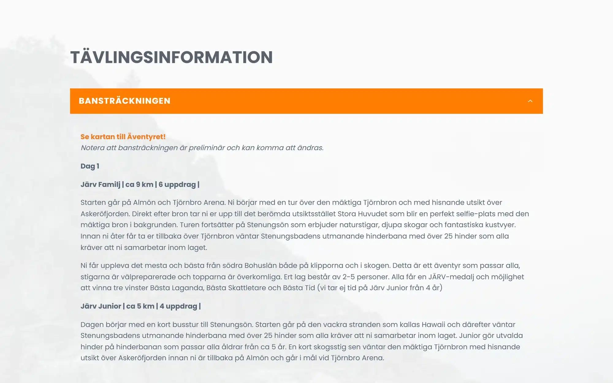 Blocket Tävlingsinformation med fem orange rader som fälls ut, där den första visar bansträckningen dag för dag.