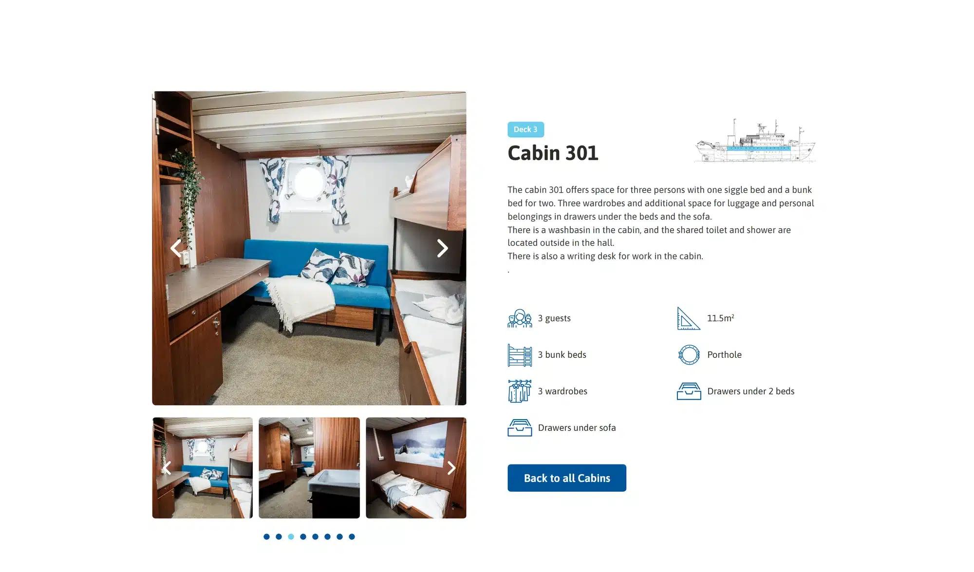 Hyttsidan för Cabin 301 på Polar Athena: bildkarusell till vänster, och till höger däcksmärkning, yta i kvadratmeter, antal gäster, sängtyp och utrustning som ikoner.